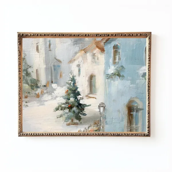 Christmas Village Painting, Winter Cottage Snow Scene