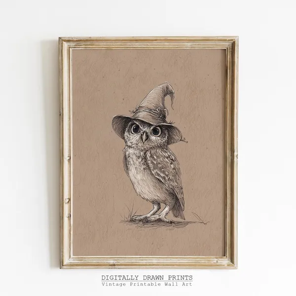 Halloween Owl With Witch Hat, Rustic Fall Art Print
