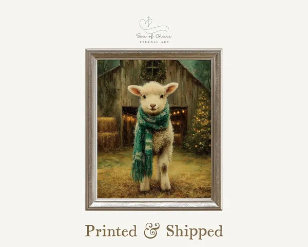 Vintage Lamb Christmas Art Print, Rustic Farmhouse