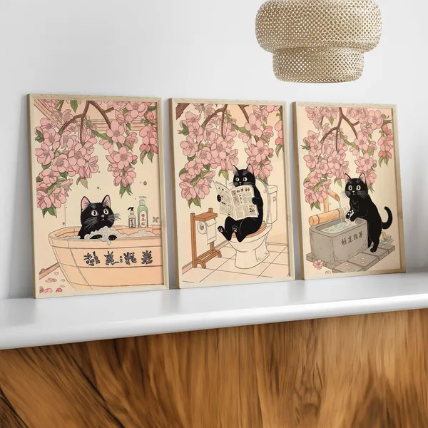 Funny Japanese Cat Bathroom Art Set, Nursery Decor