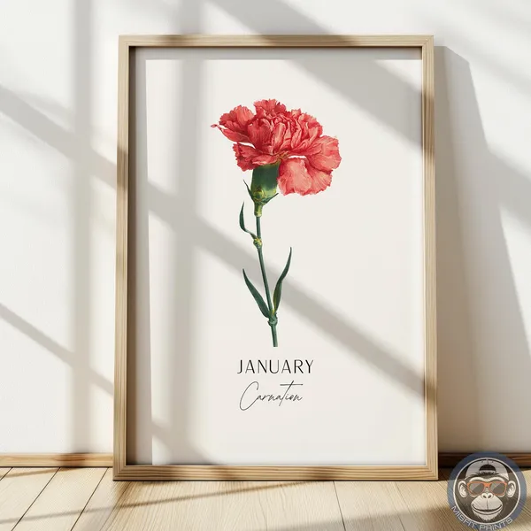 Carnation Flower January Birth Month Botanical Art Print