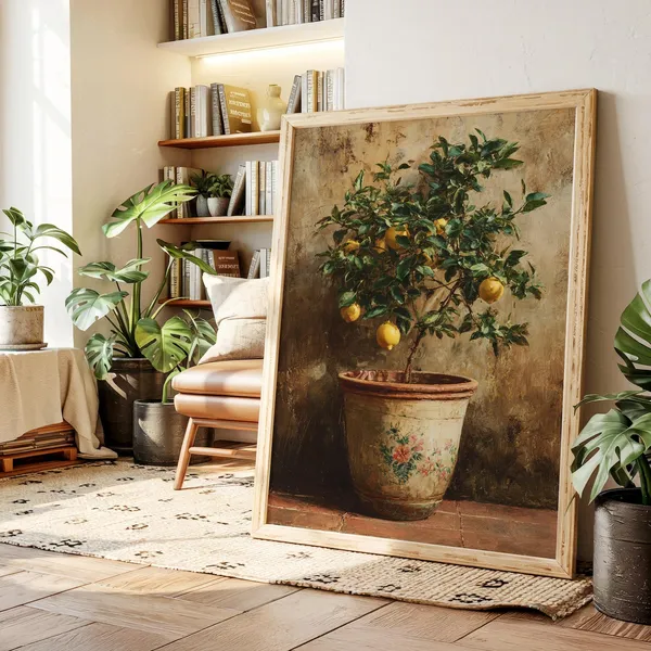 Vintage Lemon Tree in Terracotta Pot, Rustic Kitchen Art Print