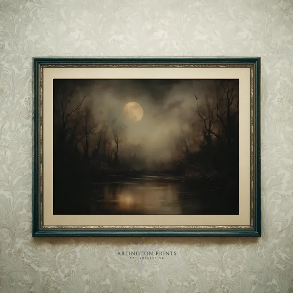 Dark Autumn Moon Art Print, Spooky Forest Reflection