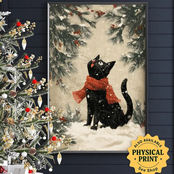 Black Cat Christmas Print, Cozy Winter Holiday Art