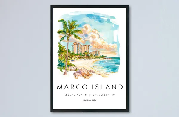 Marco Island Watercolor Travel Poster, Wall Art