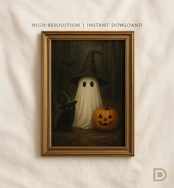 Vintage Halloween Black Cat and Pumpkin Art Print