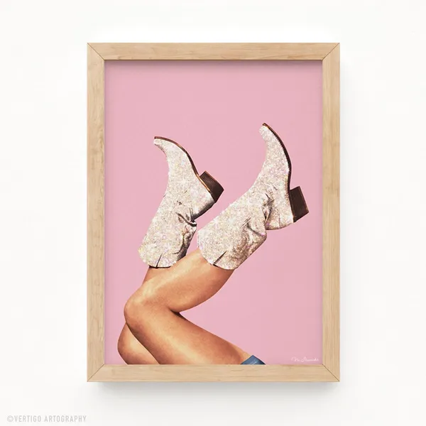 Glitter Pink Cowgirl Boots Retro Rodeo Art Print