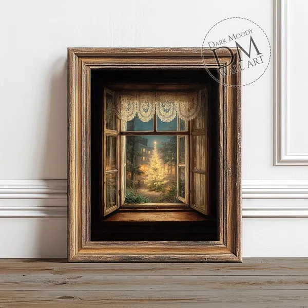 Christmas Tree Window Rustic Holiday Lights Art Print