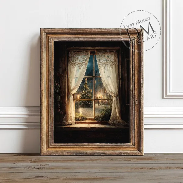 Christmas Tree Window Rustic Holiday Village Art Print