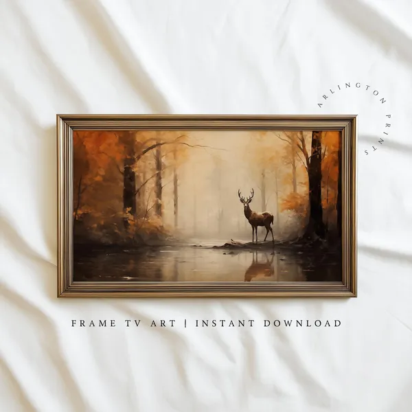 Autumn Wildlife Deer Oil Painting, Vintage Fall Landscape