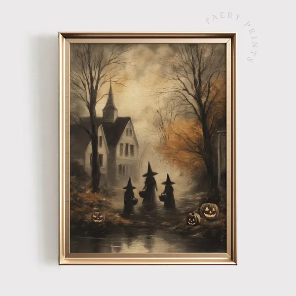 Witch Halloween Haunted Town Vintage Art Print