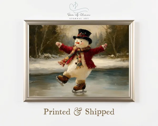 Snowman Ice Skating Vintage Christmas Art Print