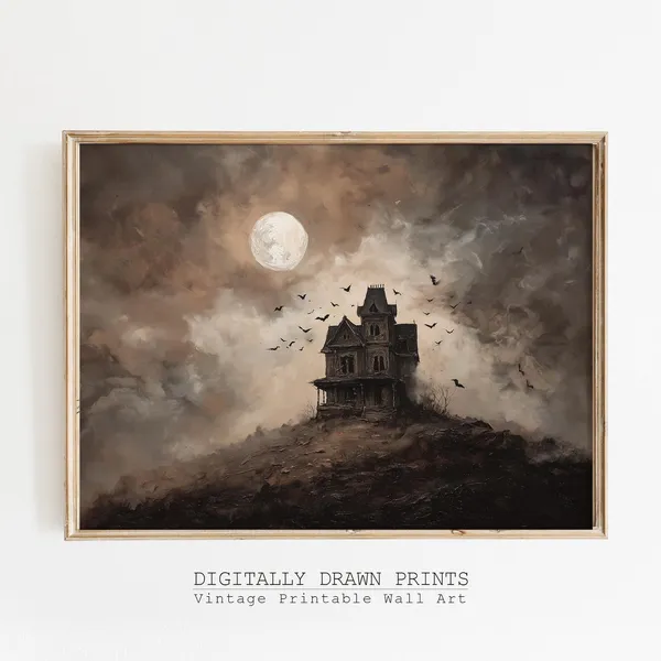 Haunted House Halloween Art Print, Moody Gothic Landscape