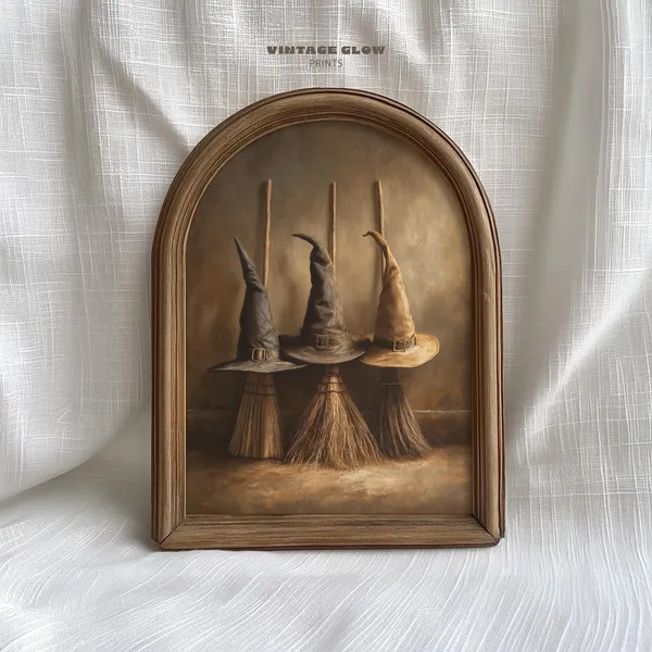 Vintage Witch Broom Hat Art Print, Dark Academia