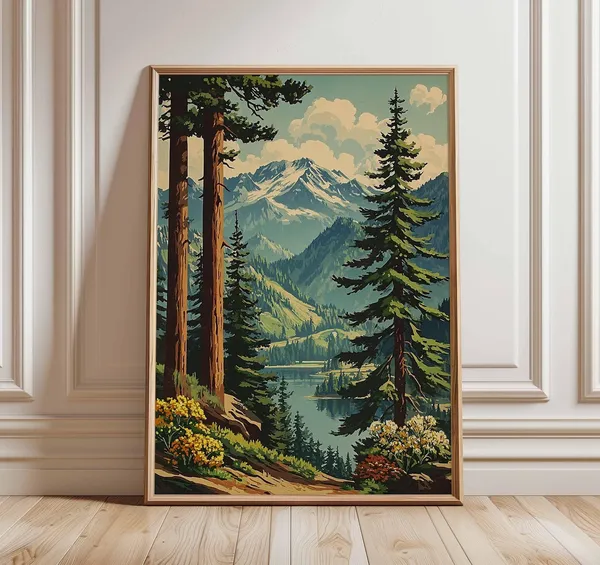 Mountain Forest Landscape Poster Print, Rustic Cabin Decor