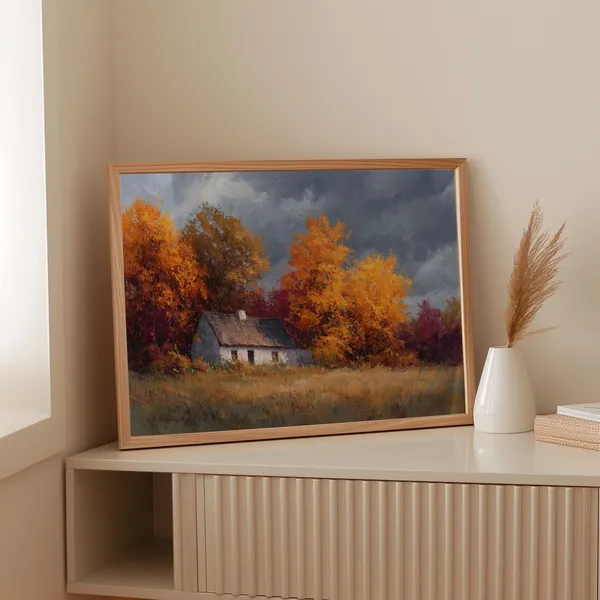Rustic Autumn Cottage Art Print, Fall Landscape