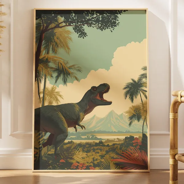 Trex Jungle Volcano Retro Dinosaur Poster