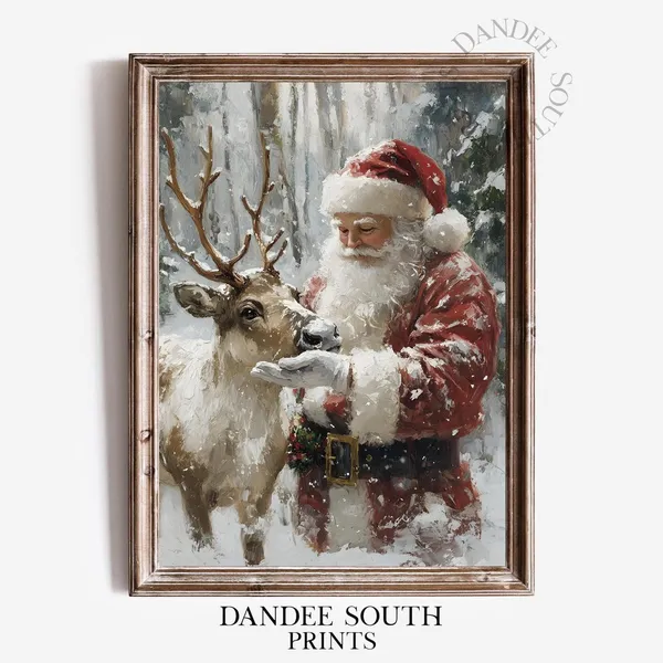 Santa With Reindeer Vintage Christmas Art Print