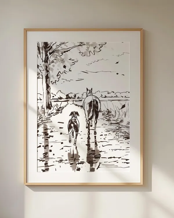 Horse Dog Walk Equestrian Lover Art Print, Texas Fall