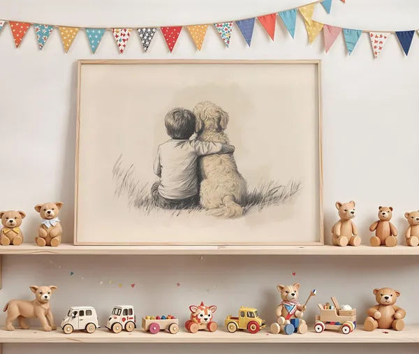 Boy With Goldendoodle Vintage Nursery Poster