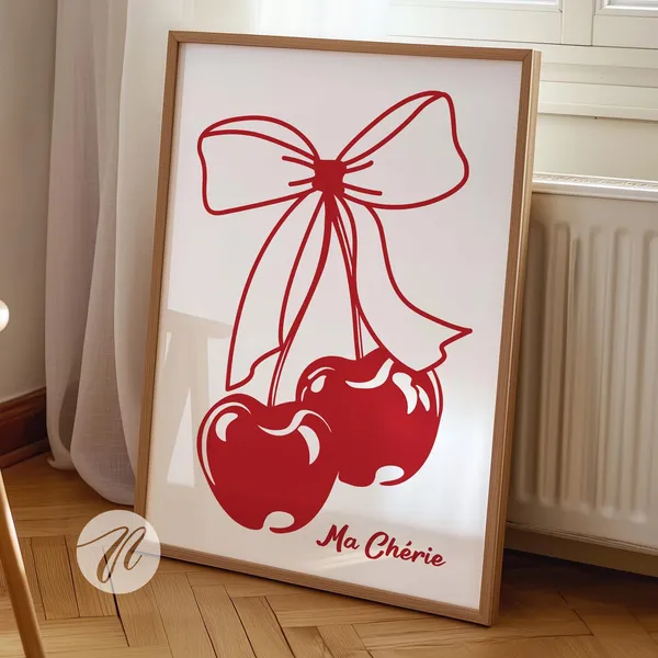 Ma Cherie Red Bow Cherry Art Print, Preppy