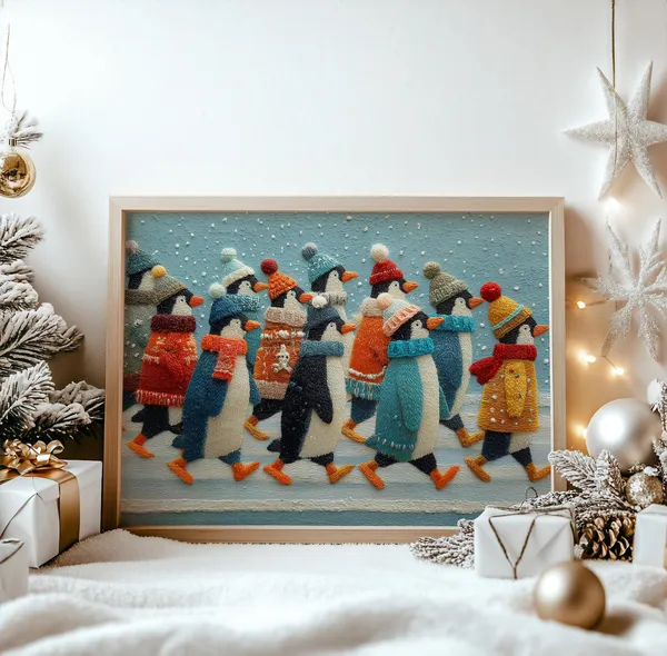 Christmas Penguin Parade, Vintage Holiday Art Print