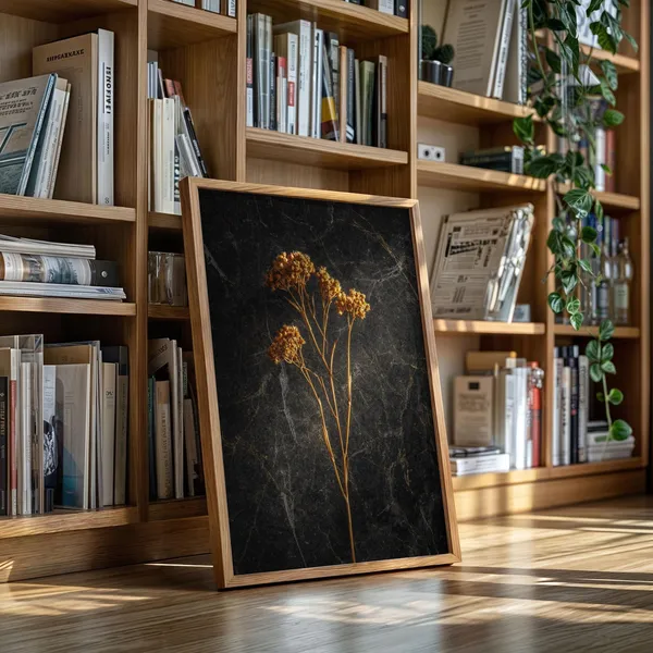 Golden Dried Flower On Black Marble Art Print