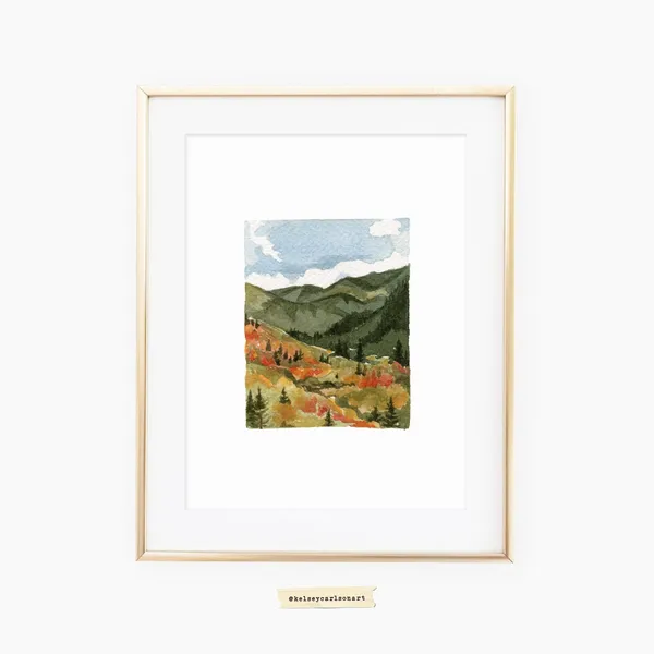 Watercolor Mountain Fall Leaves Landscape Art Print