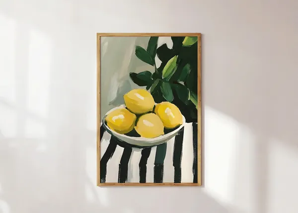 Yellow Lemons Stripe Art Print, Mediterranean Fruit