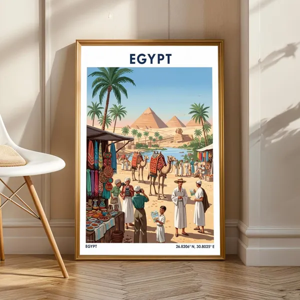 Egypt Pyramids Market Vintage Travel Poster