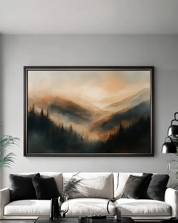 Moody Mountain Landscape Art Print, Misty Forest Valley