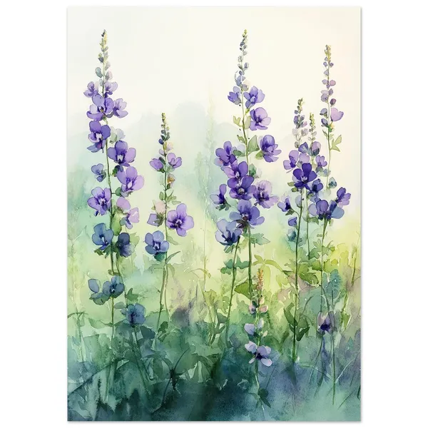 Purple Wildflowers Watercolor Art Print, Botanical Meadow