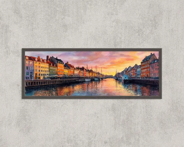 Copenhagen Sunset Panorama, Nyhavn Harbor Art Print