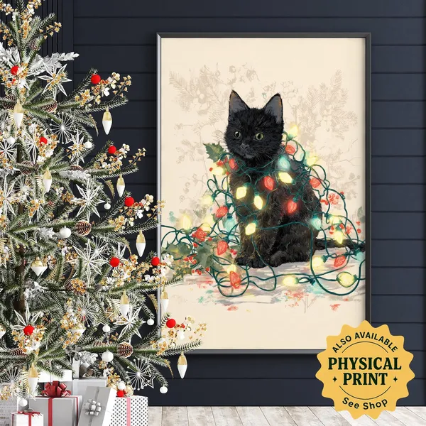 Christmas Cat Art Print, Festive Holiday Lights