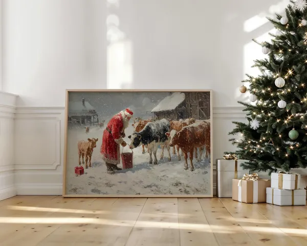 Santa Feeding Cows Rustic Christmas Farm Art Print