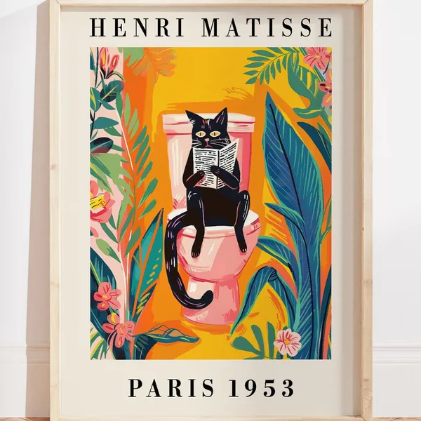 Matisse Black Cat Bathroom Art Print, Floral Decor
