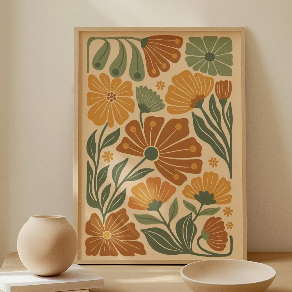 Boho Floral Art Print, Retro Orange Green Terracotta Flowers