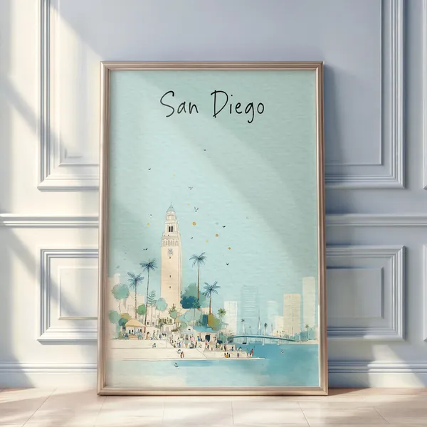 San Diego Watercolor Travel Poster, Minimal City Art Print