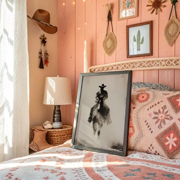 Cowboy Riding Through Dusty Western Shadows Art Print