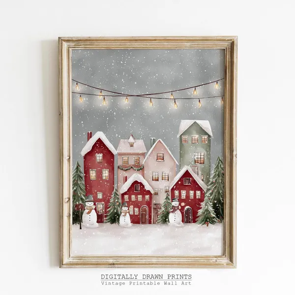 Watercolor Christmas Village Art Print, Winter Landscape