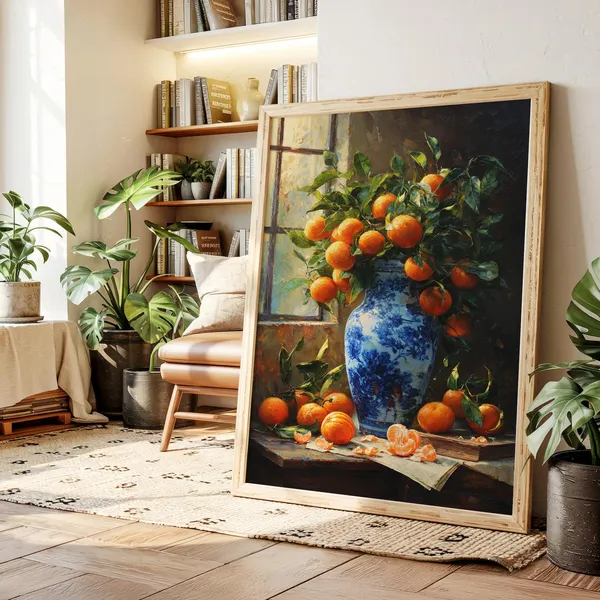 Oranges In Blue Porcelain Vase, Rustic Still Life Art Print