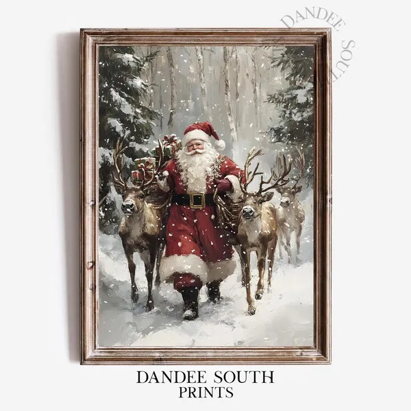 Santa With Reindeer, Rustic Christmas Wall Print