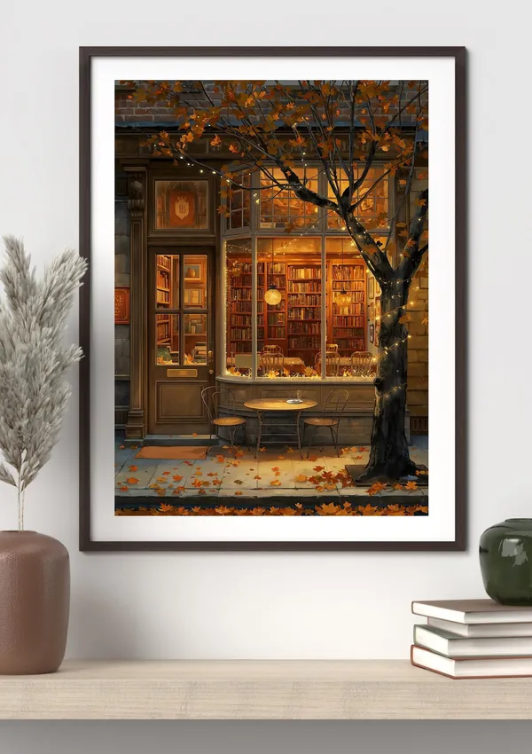 Cozy Autumn Bookstore Art Print, Fall Decor