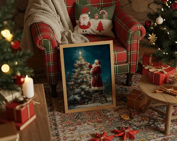 Santa Decorating Christmas Tree, Vintage Holiday Poster