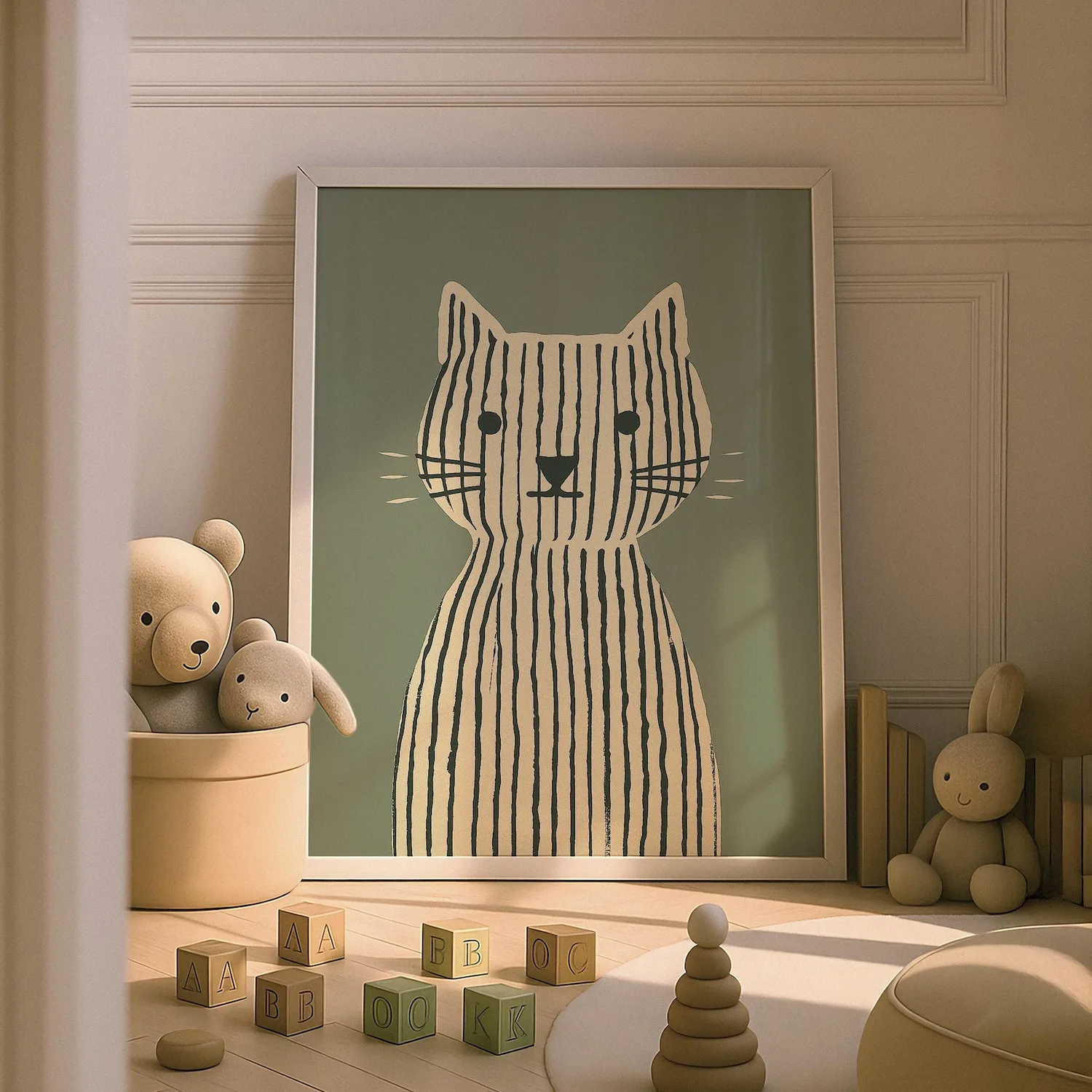 Sage Green Cat Print, Whimsical Nursery Decor