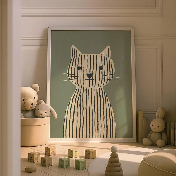 Sage Green Cat Print, Whimsical Nursery Decor