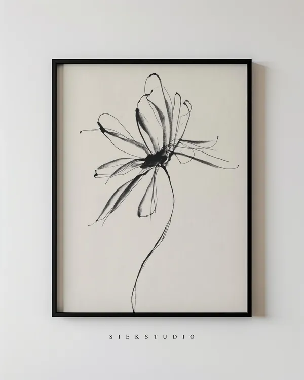 Minimalist Black Floral Drawing, Modern Beige Art Print
