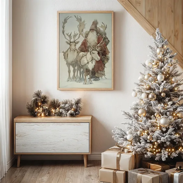 Vintage Santa With Reindeer Winter Scene Art Print