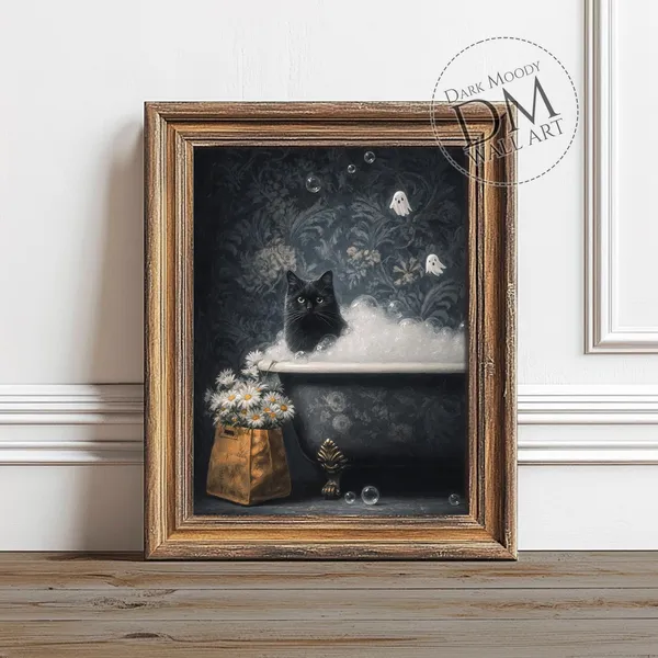 Black Cat Bath Wall Art, Spooky Halloween Decor