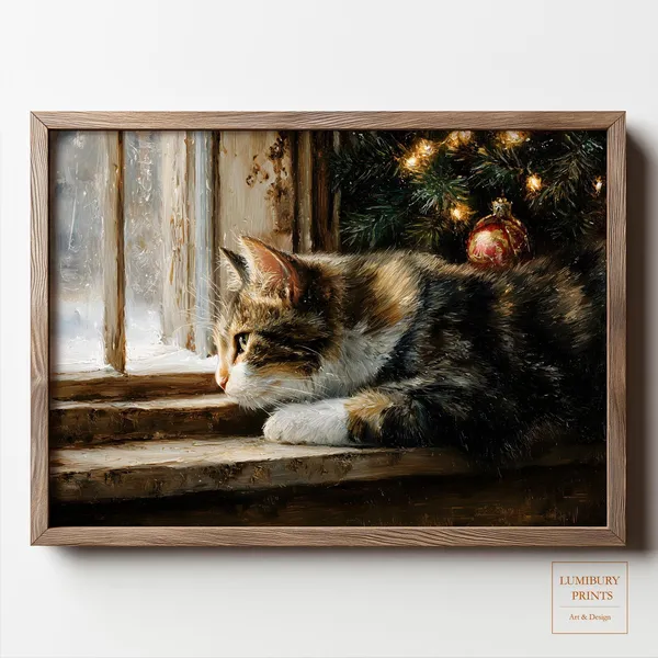 Christmas Cat Wall Art, Rustic Winter Window Print